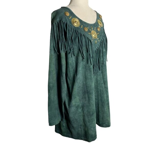 Vintage 90s Embellished Western T Shirt L Green Acid Wash Fringe Long Sleeves - Picture 3 of 5
